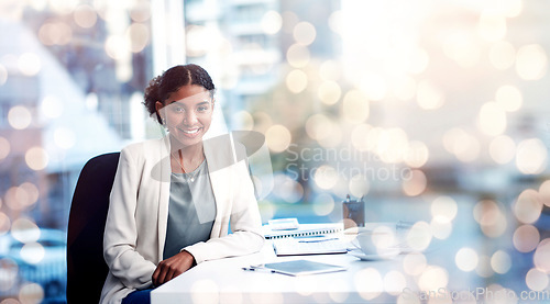 Image of Bokeh, mockup and portrait of woman in office with tech, confidence and market research for startup business. Smile, pride and businesswoman at desk with recruiting info, space and digital agency.