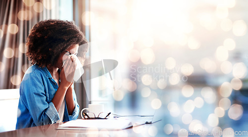 Image of Woman, blowing nose and allergies while working from home, sick with virus and banner, mockup space and bokeh. Health crisis, flu and freelancer with toilet paper for sinus infection and remote work