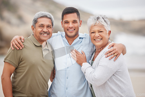 Image of Man, senior parents or portrait at beach for bond, support or love with smile, care or pride in retirement. Hug, ocean or mature mother with a happy son at sea together on family holiday vacation