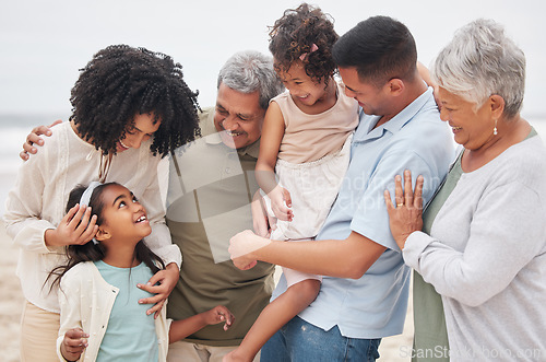 Image of Beach, big family or happy grandparents with children in nature to enjoy holiday vacation in New Zealand. Travel, hug or proud father at sea or ocean with kids, care or mom to relax or bond together