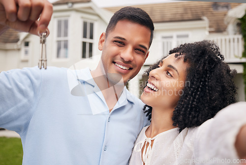 Image of House keys, selfie and happy couple smile for dream home, real estate or mortgage success in a garden. Investment, property and face of people excited for moving, relocation or apartment purchase