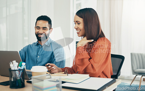 Image of Partners, laptop or office with smile, meeting or investors for startup, company or agency. Corporate, notes or plan for strategy, capital or discuss as colleagues, male worker or female employee