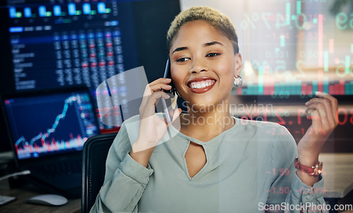 Image of Woman, phone with data overlay and smile at computer for crypto trading, networking and investment in cyber stocks. Nft, financial advisor or broker on cellphone for advice on profit, market or stats