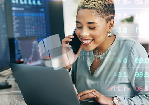 Image of Woman, phone with data overlay and laptop for cryptocurrency, networking and investment in cyber stocks. Nft, financial advisor or broker on cellphone for advice on profit, market and online trading.