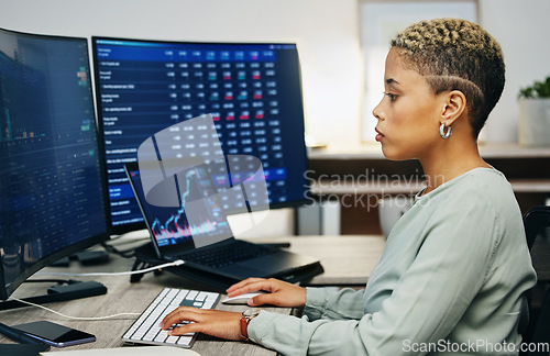 Image of Woman, typing on computer and trading in cryptocurrency, investment info or cyber stocks data. Nft, financial management and developer on software for online profit growth, market research or charts.
