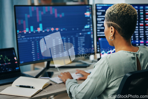 Image of Woman at computer, research and data on crypto trade, investment or online stocks. Nft, back of cyber advisor or broker reading stats, graphs and charts on market growth, financial management or info