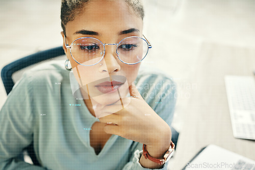 Image of Thinking, programmer and woman with code, reflection and connection with planning, stock market and investment. Person, trade and employee with glasses, hologram and overlay with data and finance