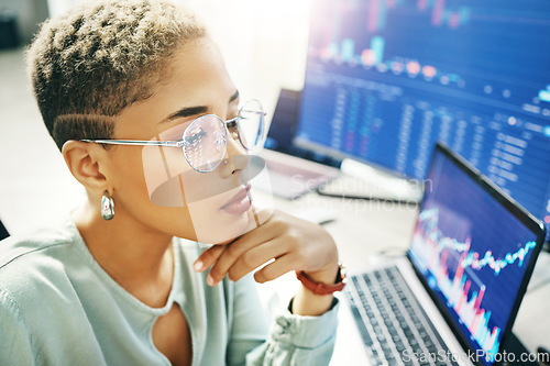 Image of Woman with glasses, thinking and screen with charts, graphs and stocks for crypto trade. Nft, cyber consultant or broker reading stats on market growth, brainstorming and research ideas on defi data.