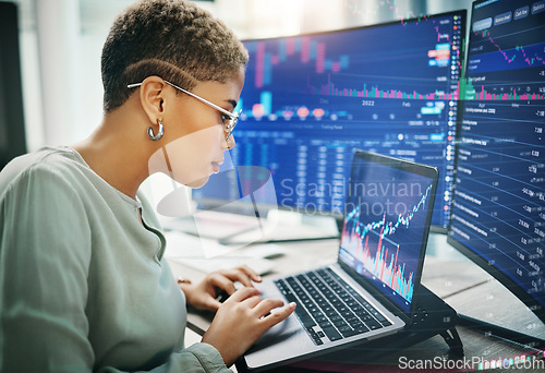 Image of Woman, laptop or computer screen with trading, dashboard and financial information with investment and trader. Stock market stats, finance and data analysis with cryptocurrency and numbers chart