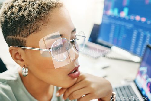 Image of Woman with glasses, thinking and reflection of screen with info, market growth and stocks in crypto trade. Nft, cyber consultant or broker reading stats on defi data, brainstorming and research ideas