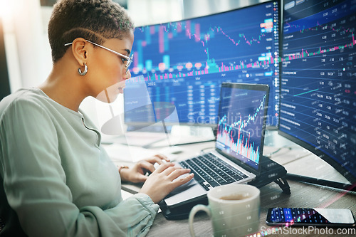 Image of Trading, woman and computer with programming, laptop and stock market with investment, savings and internet. Person, investor and employee with a pc, connection and code with website info and typing