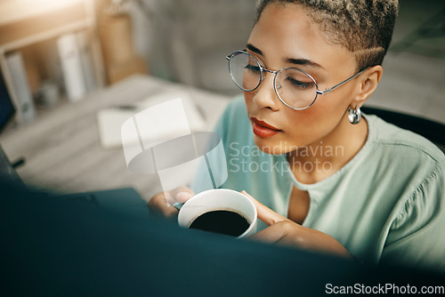 Image of Woman, computer and coffee for thinking, online research project or reading screen. Female employee, closeup and espresso to review work desktop in concentrate at business office, reflect or solution