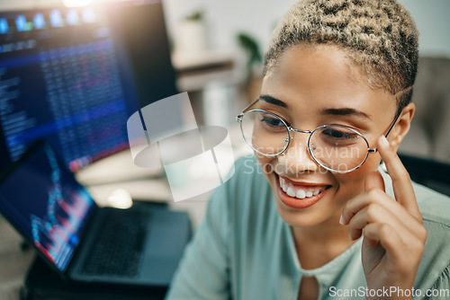 Image of Happy woman with glasses, computer and cyber data for crypto trading, online profit or analytics. Cryptocurrency, digital stocks and girl at desk with graphs, charts and software for investment stats