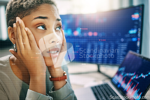 Image of Computer, overlay and professional woman face stress over fintech company metrics, stock market crash or finance problem. Crypto crisis, grid mockup space and trader with financial trading mistake