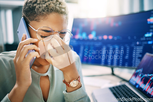 Image of Phone call, face and business woman stress over investment fail, stock market crash or debt problem. Crypto crisis, smartphone communication and sad broker consulting about online trading mistake