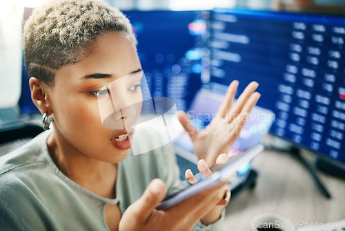 Image of Speaker phone call, problem and business woman stress over investment fail, stock market crash or computer glitch. Voice note, cellphone conversation and investor consulting on online trading mistake