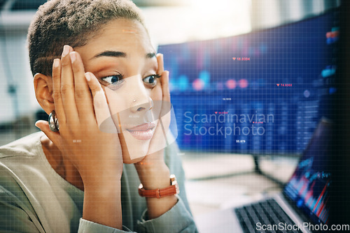 Image of Computer, overlay and business woman face stress over web cybersecurity risk, stock market crash or software error problem. Crypto fail, grid mockup space and trader reading financial trading mistake