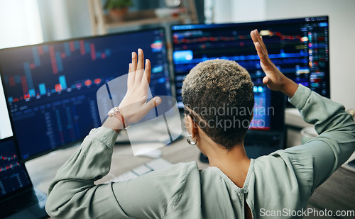 Image of Computer, trading and professional person stress over fintech company metrics, banking numbers or finance problem. Crypto crisis, graph error or back of broker, investor or trader with online mistake