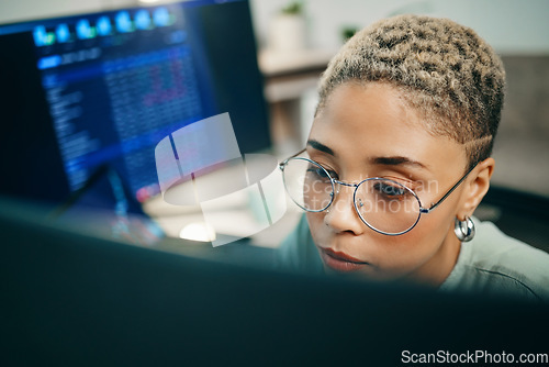 Image of Woman with glasses, computer and cyber research for crypto trading, online profit or analytics. Cryptocurrency, digital stocks and girl at desk with graphs, charts and software for investment stats.