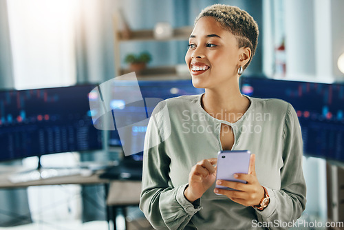 Image of Stock market, business woman and phone with thinking of trading information and investor statistics. Female professional, mobile networking and finance work in a office with fintech app for crypto