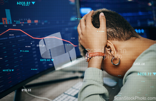 Image of Computer, market crash data and business person sad over stock exchange error, investment numbers or finance debt problem. Crypto crisis, grid overlay graph and broker depressed over trading fail