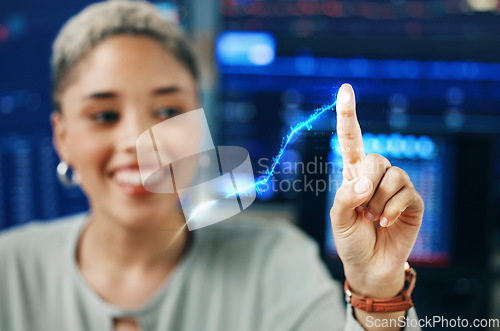 Image of Woman with smile, finger on increase graph and hologram for financial growth, crypto and profit in office. Virtual data, touch and happy girl in cyber trading with hand on development, info and stock