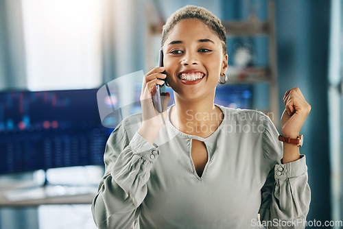 Image of Woman, phone call and programmer with celebration, investment and connection with conversation. Person, employee and trader with cellphone, achievement and digital app with bonus, savings and profit