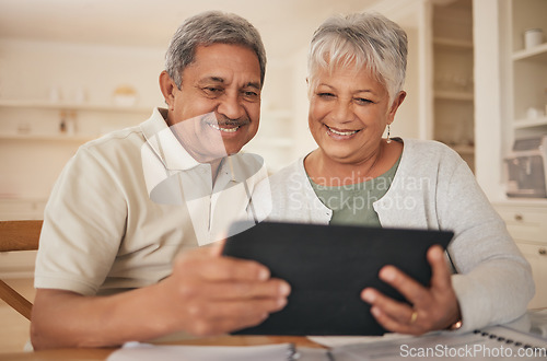 Image of Home, video call and senior couple with a tablet, connection and smile with communication, network and speaking. Internet, happy old man and elderly woman with technology, conversation and greeting
