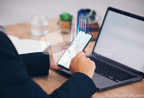 Image of Phone, person hands and graph hologram for digital transformation, blank screen and mockup space. Research, big data and employee database at office desk with mobile investing information and growth