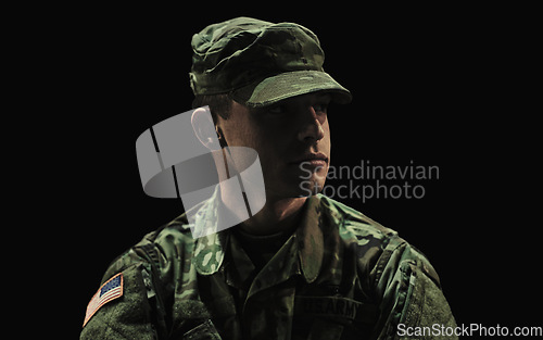 Image of Man, soldier and war on black studio background, ptsd and patriotic in military, sad and depressed. Army, mental health issues and hero for country, service and duty with grief, thinking and veteran