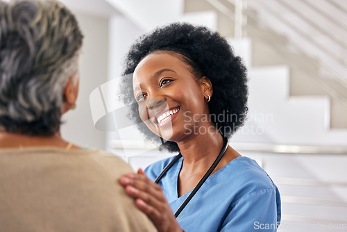 Image of Black woman nurse, senior patient and help at retirement home with elderly care, support and counseling. People sitting together, healthcare and wellness with advice, kindness and respect with trust