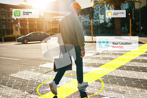 Image of Augmented reality, hologram and walking man in city with connection for futuristic internet travel in outdoor town. Digital, digital and person commute in metaverse location with online technology