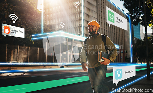 Image of Augmented reality, hologram and student walking in city with connection for futuristic internet travel in outdoor town. Digital, digital and man commute in metaverse location with online technology