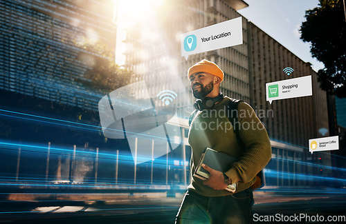 Image of Augmented reality, connection and student walking in city with hologram for futuristic internet travel in outdoor town. Digital, digital and man commute in metaverse location with online technology