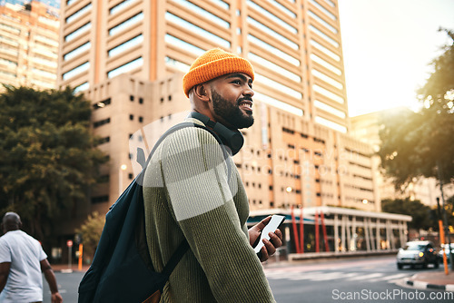 Image of City, thinking and black man with a cellphone, smile and connection with social media, travel and website info. African person, mobile user or guy with smartphone, digital app or outdoor with contact