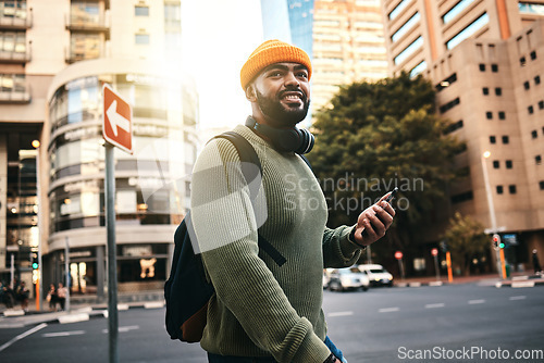 Image of City, thinking and black man with a smartphone, smile and connection with social media, travel and internet. African person, mobile user and guy with cellphone, digital app and outdoor with ideas