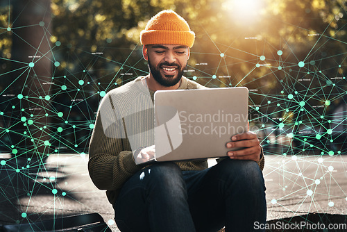Image of Man, student and laptop hologram of internet, information technology and software development research on campus. African person on computer, data integration and plexus network and university park
