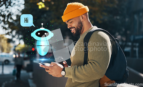 Image of Happy man, phone and city with hologram for chat bot, automatic response or communication in town. Male person or student smile with mobile smartphone or AI app for networking or online assistance