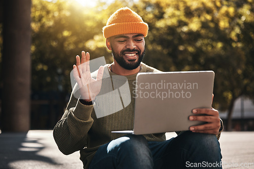 Image of Student, laptop and video call outdoor for university, college and online education, e learning or scholarship interview on campus. African man with computer, waves hello and virtual class in a park