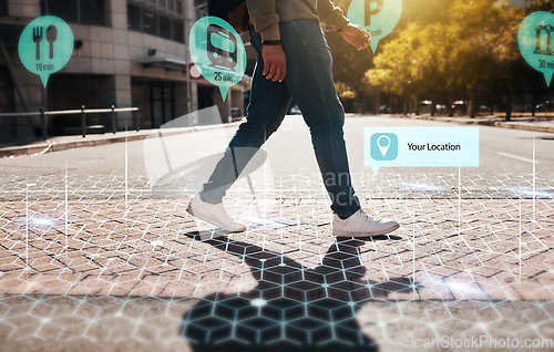 Image of Augmented reality, hologram and legs walking in city with connection for futuristic internet travel in outdoor town. Digital, digital and person commute in metaverse location with online technology