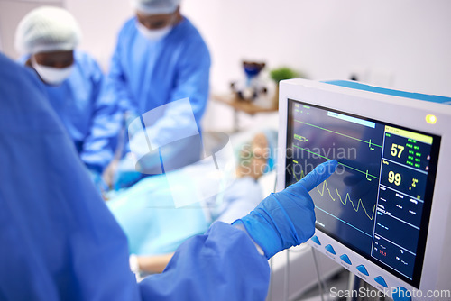 Image of Monitor, surgery and doctors team doing heart operation for emergency organ treatment or healing anatomy in hospital. Rescue, medical and professional surgeon or healthcare teamwork collaboration