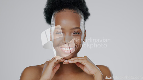 Image of Face, skincare and beauty of happy black woman in studio isolated on a gray background mockup space. Portrait, natural cosmetics and African model in spa facial treatment, wellness and skin health