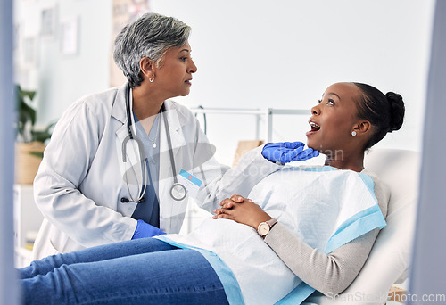 Image of Dentist, patient and women at clinic, consultation and check mouth for dental health and medical treatment. Oral hygiene, healthcare and surgery, orthodontics and tooth decay with cleaning for cavity