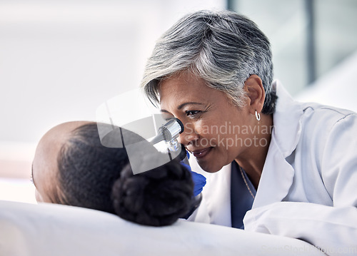 Image of Ear, test and doctor check patient with hearing problem from infection and in consultation for healthcare. Otolaryngology, medical and professional audiology specialist doing exam with otoscope