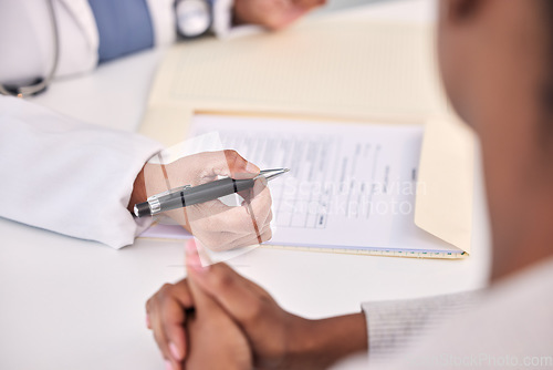 Image of Doctor, patient and hands writing prescription, diagnosis or checking results on table at hospital. Closeup of medical professional filling healthcare paperwork for life insurance or policy at clinic