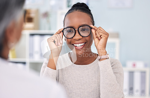 Image of Eye care, glasses choice and black woman with optometrist at clinic, vision and healthcare with wellness. Prescription lens, frame with help or advice, designer eyewear or spectacles with smile