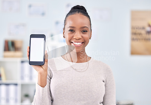 Image of Phone screen, technology and black woman with advertising mockup, mobile app and ads in portrait. Information, UX design and website, show social media promo with marketing and blog for communication