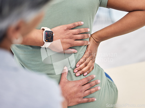 Image of Back pain, hands in physical therapy and chiropractor with patient, spine injury and healthcare, help and people at clinic. Physiotherapy, massage and anatomy with body, support and trust in health