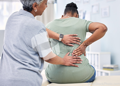 Image of Back pain, physical therapy and chiropractor with patient, spine injury and healthcare with help and people at clinic. Physiotherapy, massage and anatomy with body, support and trust in health