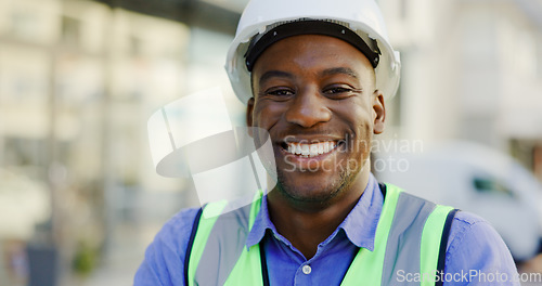 Image of Happy man, engineering portrait and construction site, project management or outdoor, city building. Face of african person, builder or architecture worker in urban development or property renovation